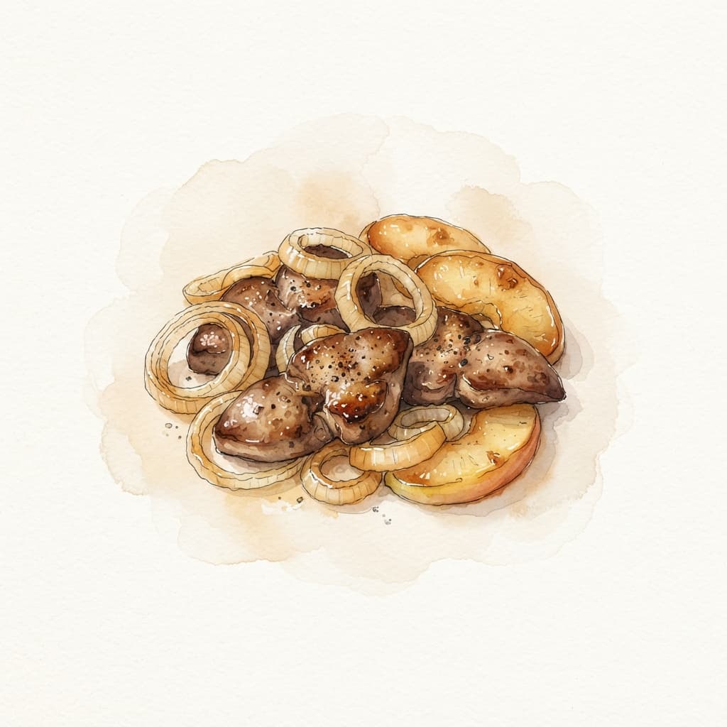 Gebratene Hühnerleber mit Apfel und Zwiebel