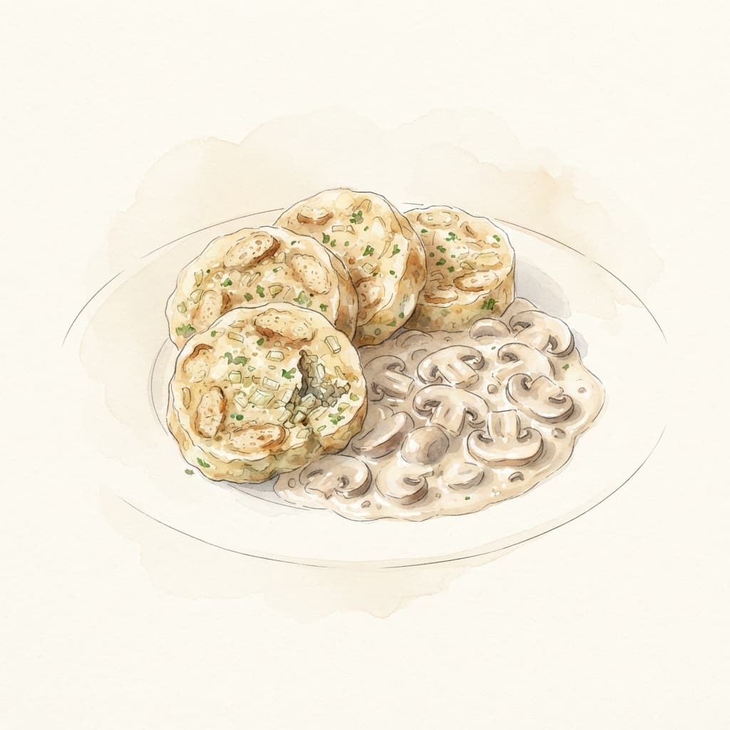 Serviettenknödel mit Rahmschwammerln
